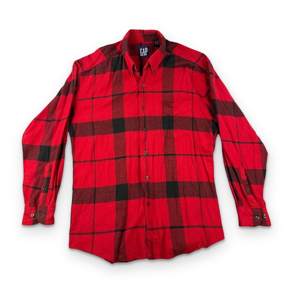 Vintage 90s GAP Red Black Buffalo Plaid Flannel Shirt Mens Medium Cotton 94101